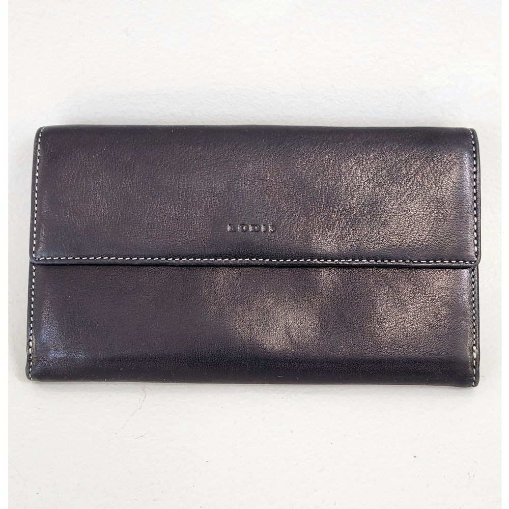 Lodis Leather Trifold Wallet Women Black Snap Closure ID Window Pocket